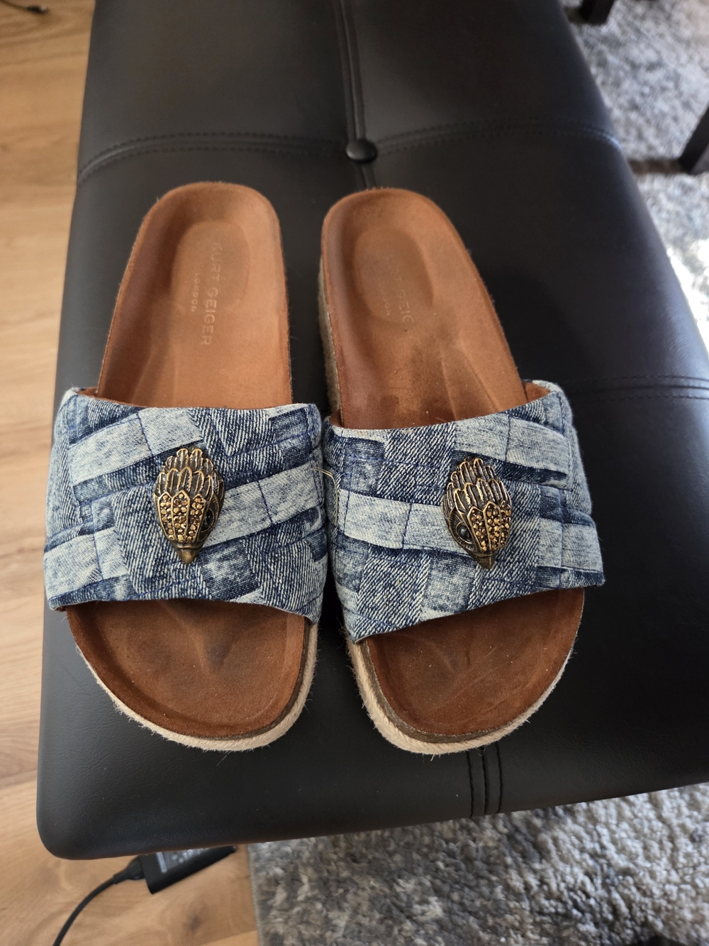 Kurt Geiger Denim Blue Slide Sandals with Brass Accent